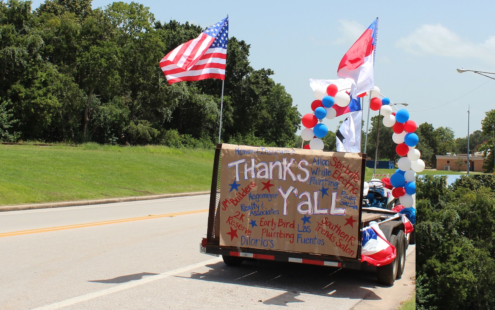 A parade float decorated with names of companies who provided local marketing support in Hempstead